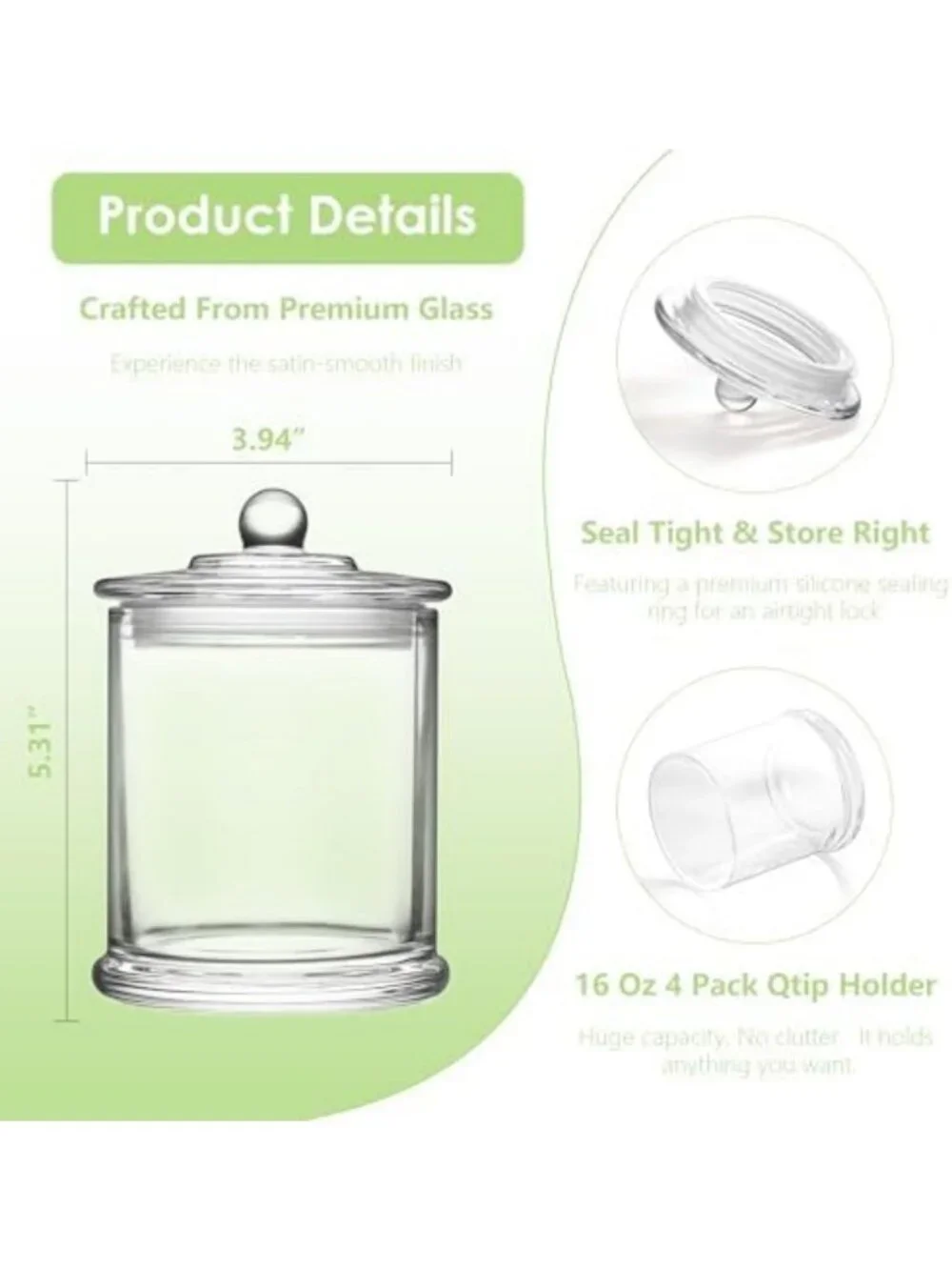 4 Pack Clear Glass Bathroom Organizers - Qtip Holder & Cotton Pad Dispenser